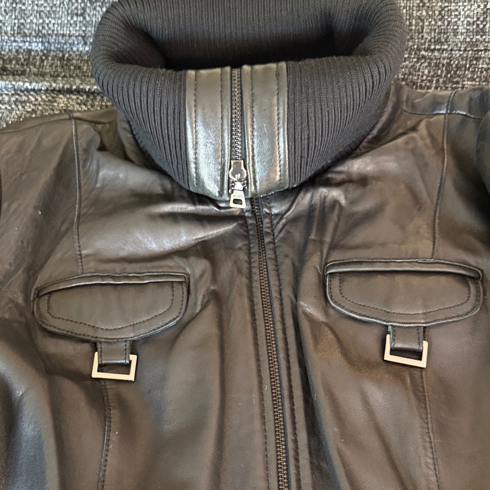 Women’s Black Leather Zip-Up coat with Ribbed Collar. Knee length - Picture 3 of 14